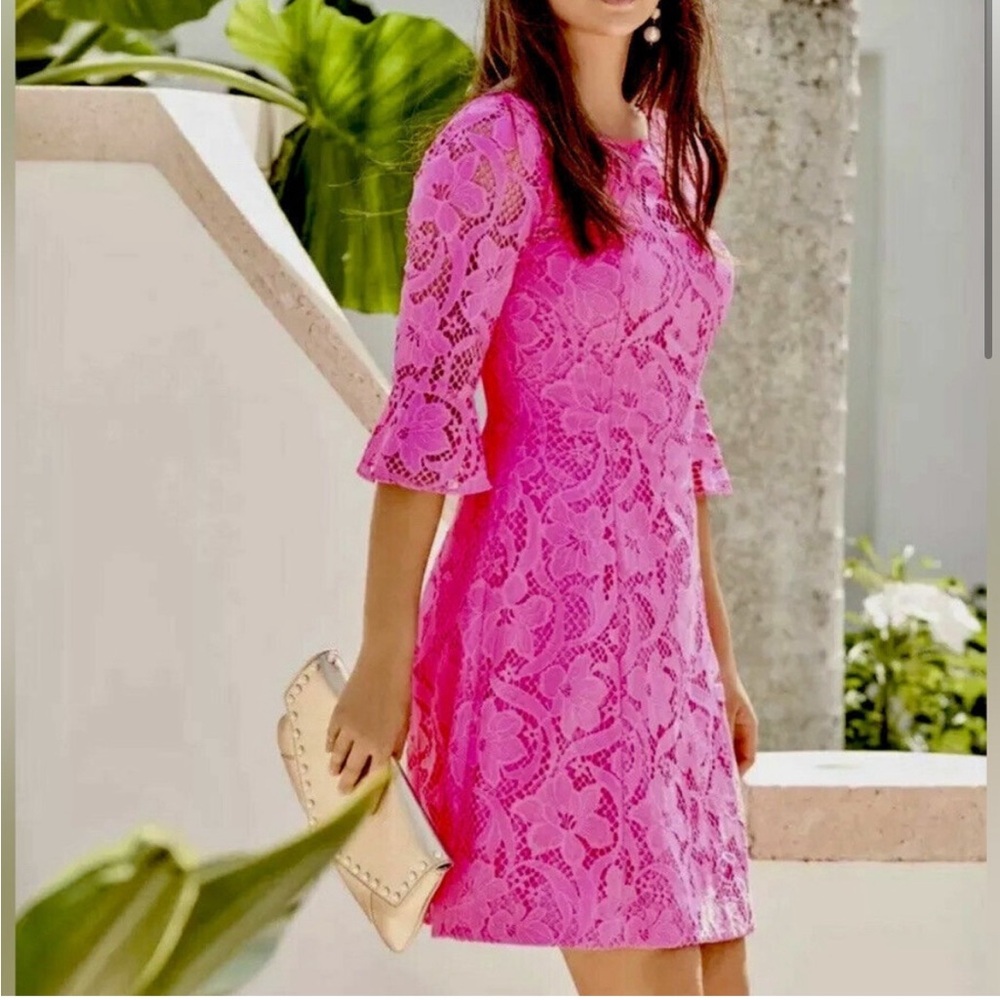 Lilly Pulitzer Hot Pink Floral Lace Mini Dress Preppy Resortwear Bell Sleeve S